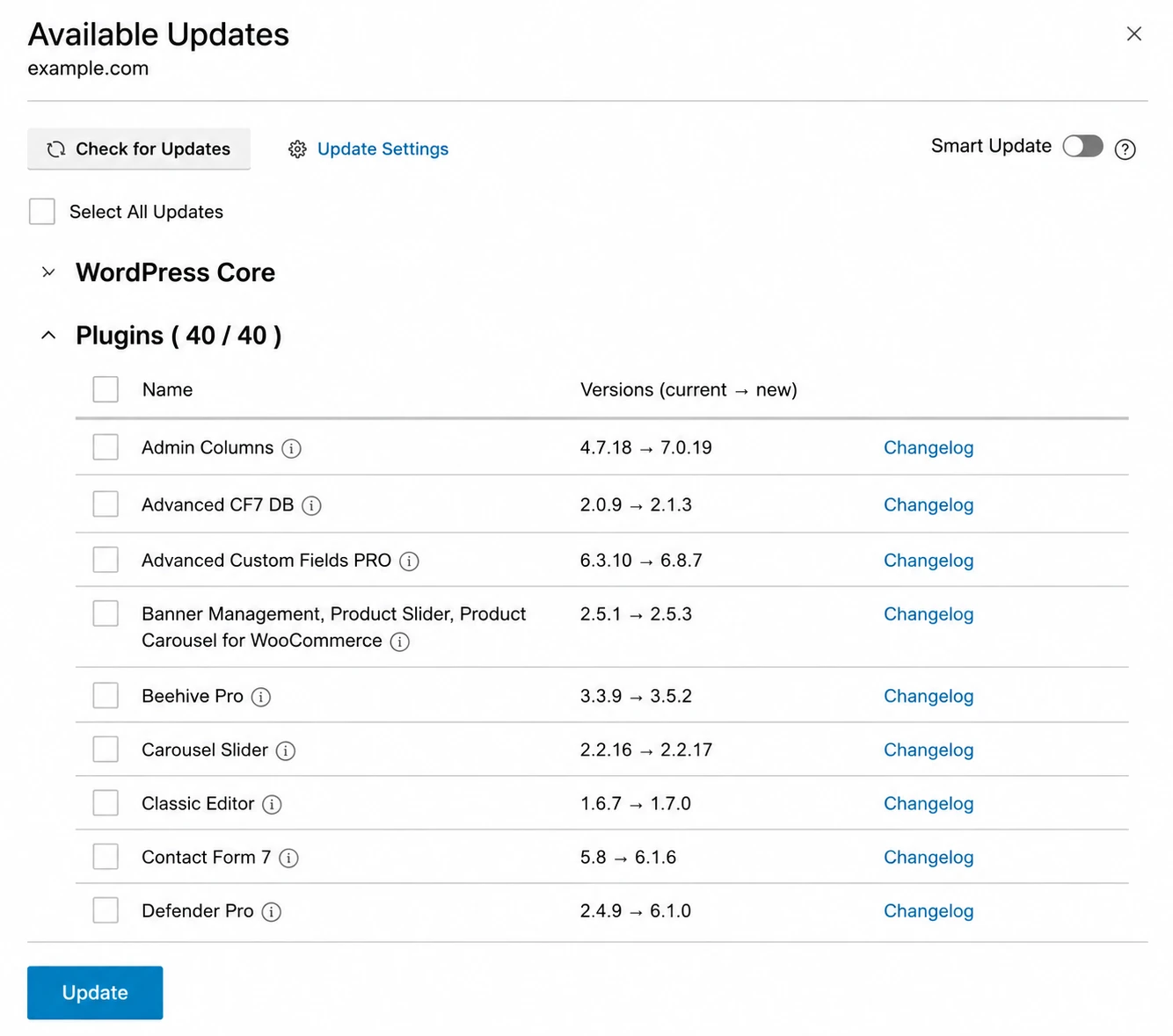 The Available Updates panel in WP Guardian, listing outdated WordPress plugins with current and new version numbers, changelogs, and a Smart Update toggle