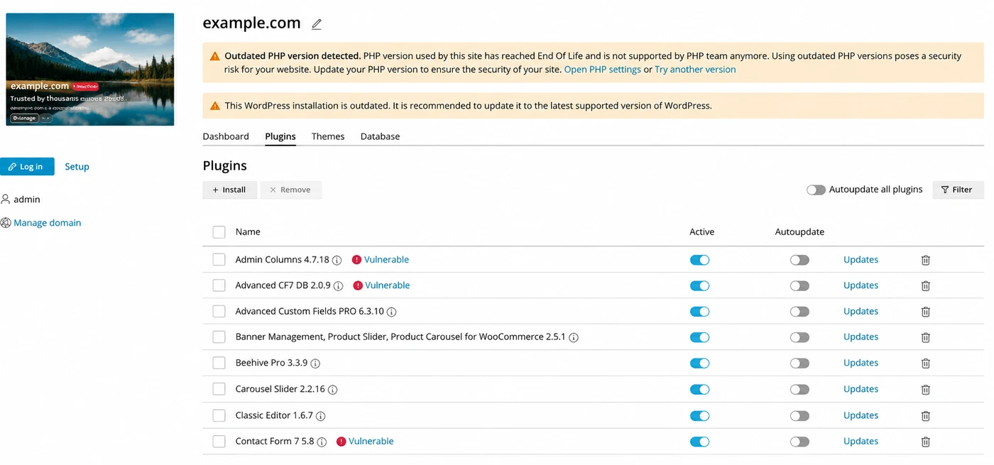 A WordPress site's plugin list in WP Guardian, with vulnerable plugins flagged and active and autoupdate toggles for each plugin